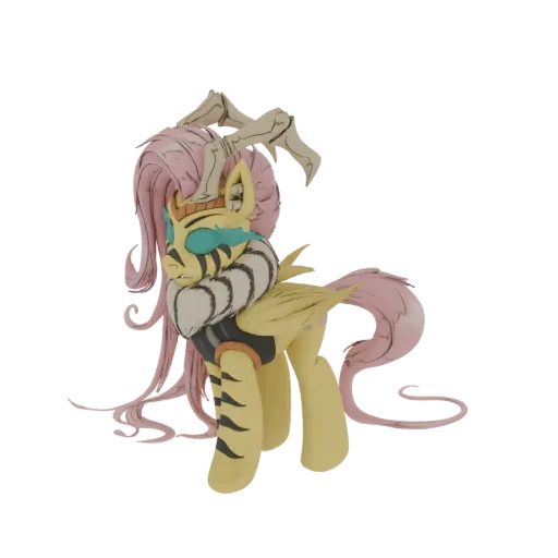3D model of a yellow pony with pink mane, moth-like antennae, wings, and striped markings, rendered with a clay texture.