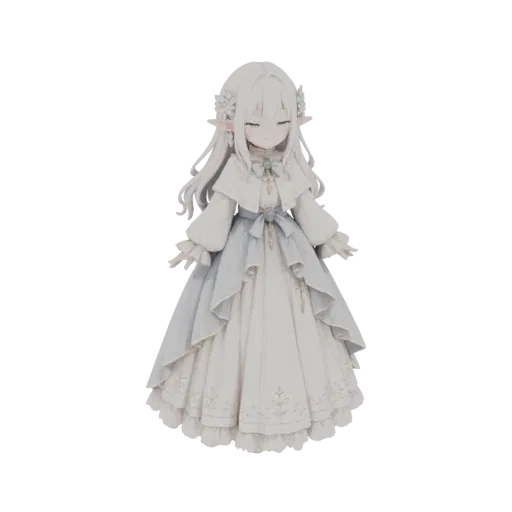 3D model of an elegant elf maiden with long white hair, wearing a detailed white and blue dress with floral accents.