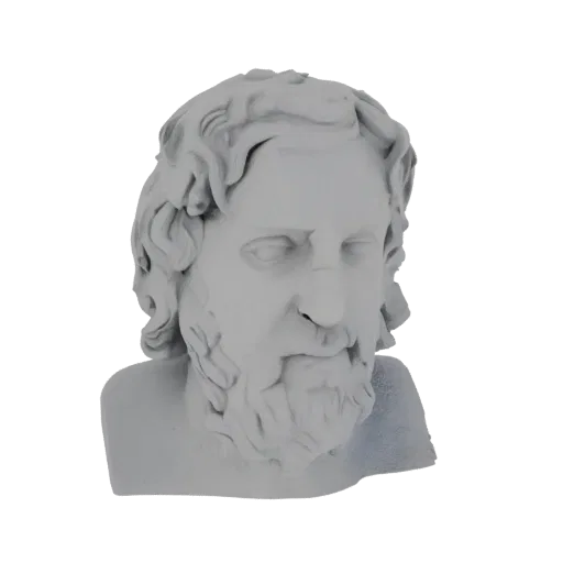 3D model render of a grey bust of an ancient Greek philosopher with a beard and curly hair, set against a white background.