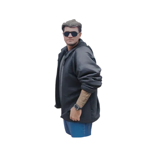 3D model of a man with styled hair, wearing sunglasses, a black jacket, and blue shorts, posing confidently.
