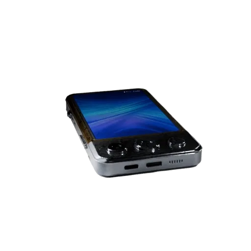 Compact Gaming Phone 3D model, three-quarter front view, AR viewer studio render, showing glass screens, form detail.
