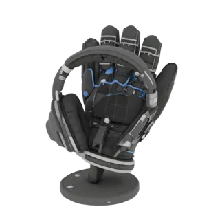 3D-Modell eines futuristischen Kopfhörerhalters im Hockey-Handschuh-Design mit blauen Akzenten