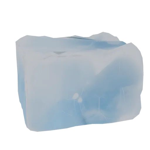 A 3D render of a translucent ice block with visible internal cracks and a blue tint, set against a black background.