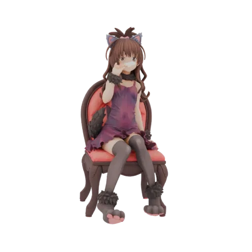 3D model of a cute neko girl with brown hair and cat ears, wearing a purple dress and sitting on a red ornate chair.