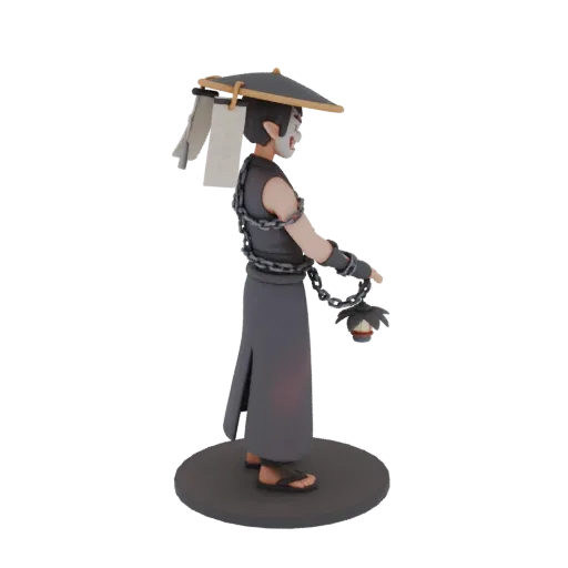 3D model of a samurai in an Oni mask, wearing a kimono, with chains and a lantern, standing on a round base.