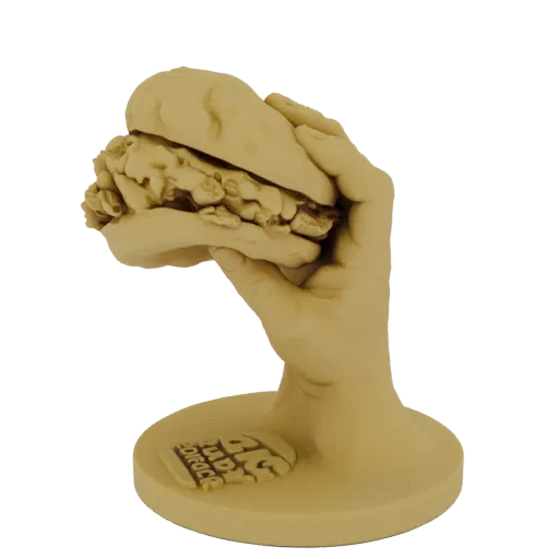3D model render of a stylized hand holding a large burger, with 'BIG BURGER' text on the circular base.