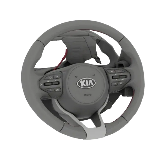 Modello 3D di un volante Kia moderno con pulsanti integrati e logo Kia.