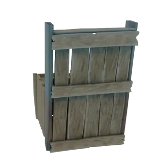 3D model of a rustic wooden crate with a grey metal frame, viewed from the back.