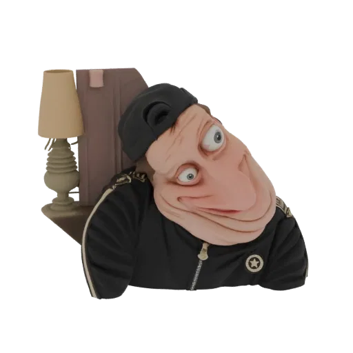 3D model of a cartoonish man with a large face, wearing a black tracksuit and a black cap, leaning to the side.