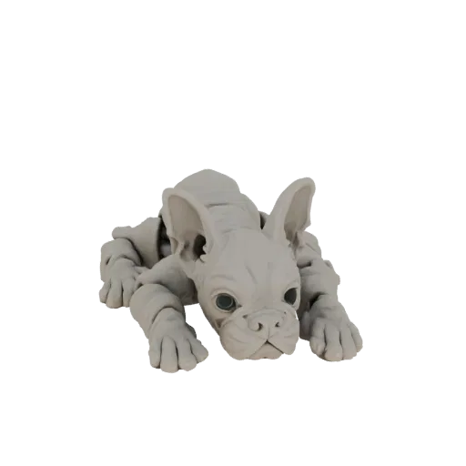 3D model of a French Bulldog in a gargoyle pose, with large ears and a watchful expression, rendered in a matte gray stone te