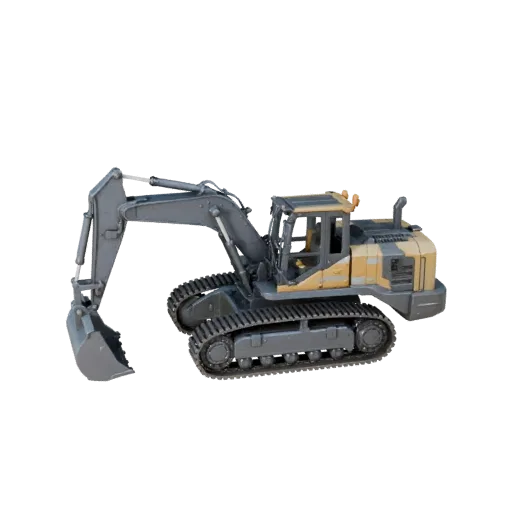 Stilisierter 3D-Modell-Radlader, stilisierte isometrische Darstellung, zeigt lackierten Stahl, Formdetails.