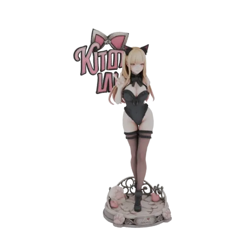 3D model of a Kitsune Lady character in a black bunny girl outfit, with fox ears and blonde hair, striking a peace sign pose
