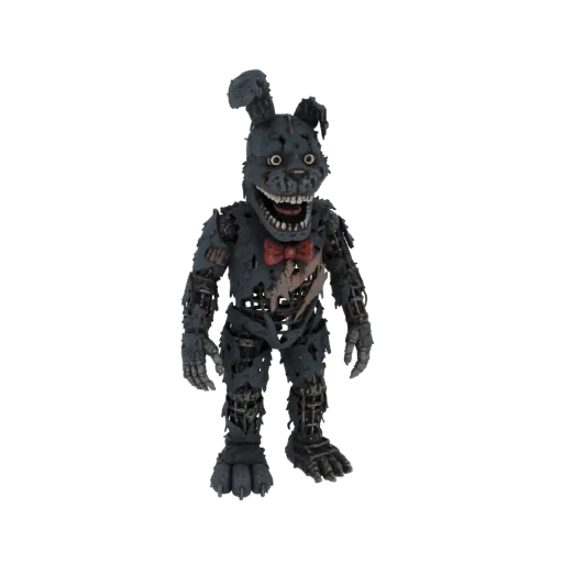 A full-body 3D render of a tattered, grey withered rabbit animatronic with a wide, menacing grin and exposed endoskeleton.