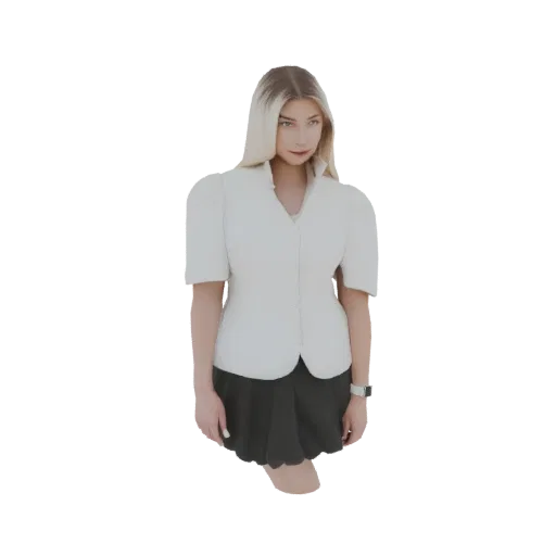 Modello 3D di una donna generata da AI con camicetta bianca a maniche a sbuffo e gonna nera, in piedi su sfondo bianco.