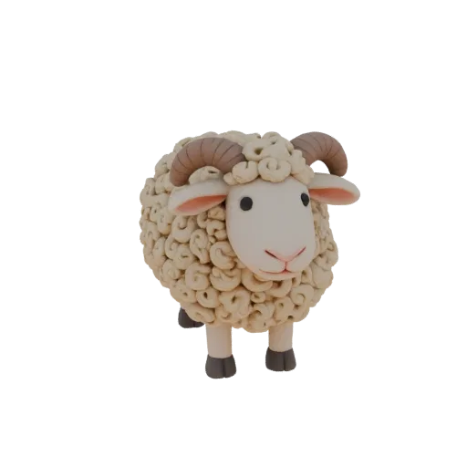 Modello 3D pecora stile argilla polimerica, con lana riccia e corna marroni, su sfondo bianco.