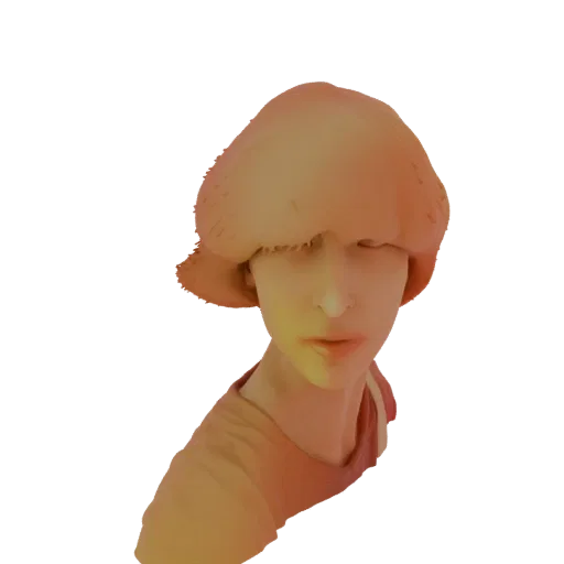3D-Modell-Rendering einer stilisierten Charakterbüste mit einem großen pilzförmigen Hut und warmer, verlaufender Beleuchtung.