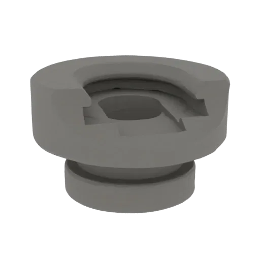 A 3D render of a single gray connector piece with interlocking features and a central opening, isolated on a white background