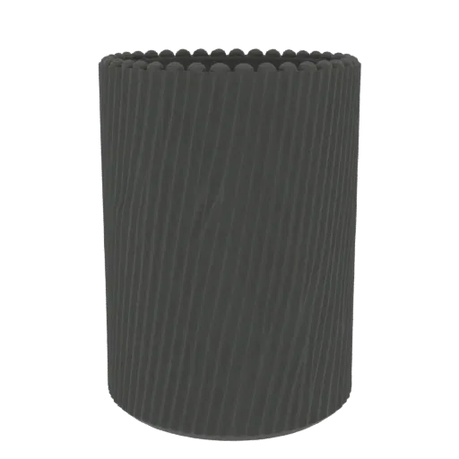 3D render of a dark gray fluted cylindrical container with a beaded rim, showcasing its vertical ribbed texture.