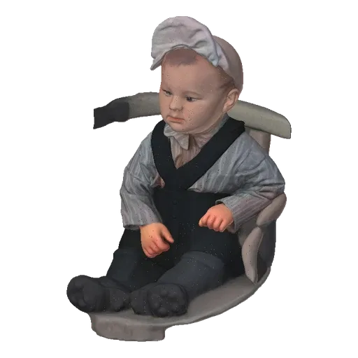 3D model of a baby wearing vintage overalls and a cap, sitting in a stylized baby seat.