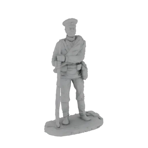 3D model of a Russian infantryman standing with a rifle, detailed uniform and base, rendered in a neutral gray material.