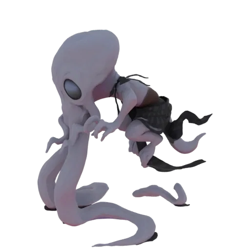 3D model of a hybrid creature with a pale octopus body and a human-like upper torso wearing a dark skirt.