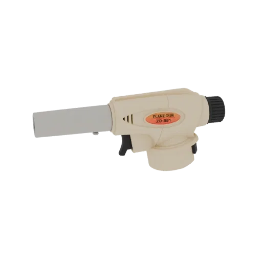 3D model of a portable gas torch with a cream-colored body, black trigger, and grey nozzle, labeled 'PLANE GUN ZD-881'.