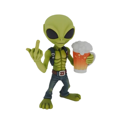 3D model of a green alien character holding a beer mug and giving the middle finger.
