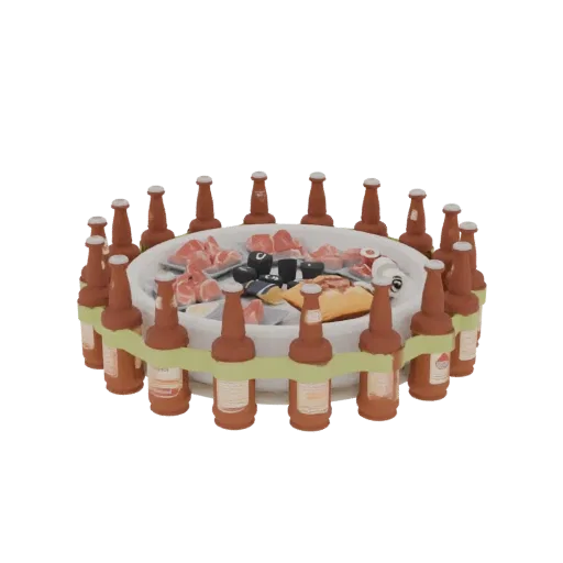 3D model of beer bottles, meat, and chips composition, arranged in a circle and tied with a green ribbon.