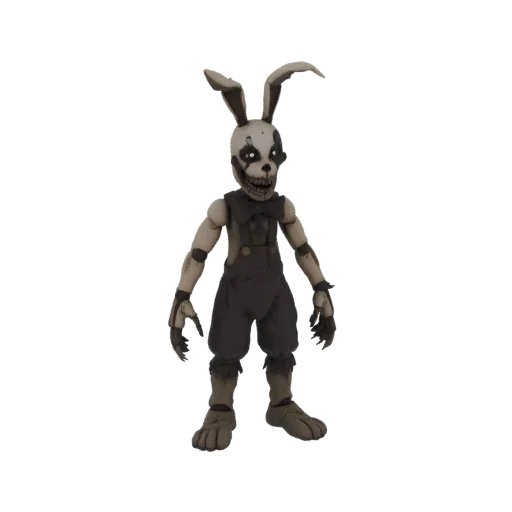 A full-body 3D render of a creepy rabbit character with a skeletal face, tattered overalls, and sharp claws, standing against