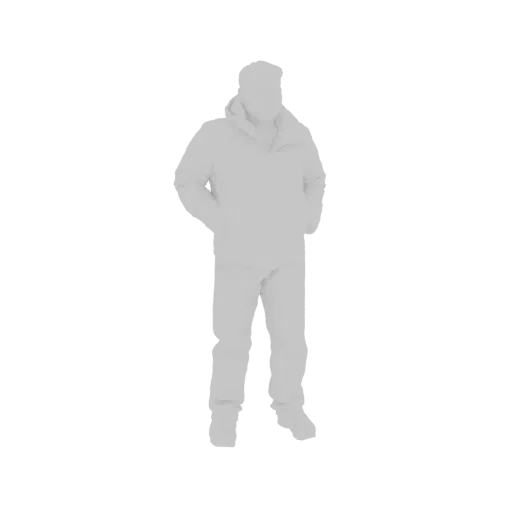3D model of a man in a grey winter jacket with hands in pockets, standing against a white background.