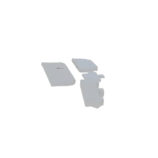 A 3D render of an abstract geometric cluster composed of interconnected light gray shapes on a white background.