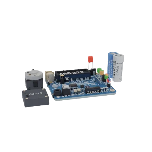 3D model of an Arduino Nano electronic kit with OLED display, HC-12 radio module, and encoder, on a white background.
