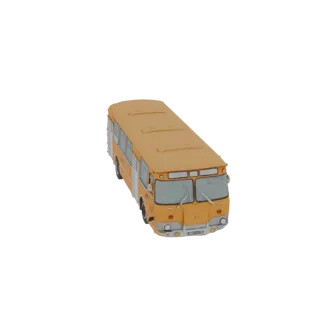 Un modello 3D di un autobus giallo d'epoca, visto da un'angolazione anteriore destra leggermente elevata su sfondo bianco.