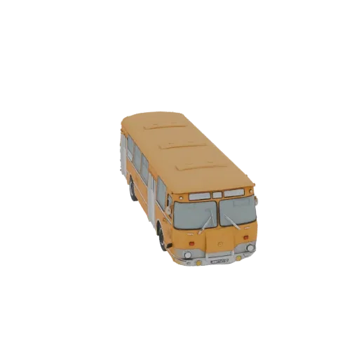 A 3D model of a vintage yellow city bus, viewed from a slightly elevated front-right angle against a white background.