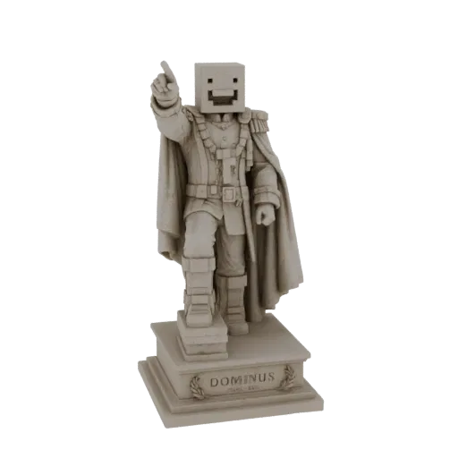 3D model of the Dominus statue, a figure with a pixelated smiley face head and ornate military uniform, standing on a pedesta