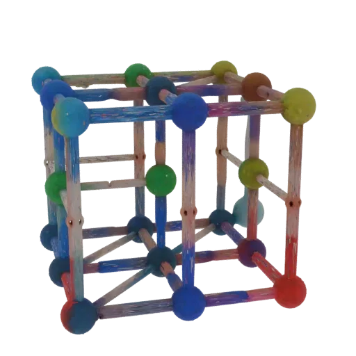 Organic Crystal Lattice Realistic 3D model, three-quarter studio render, showing colored spheres, molecule layout.