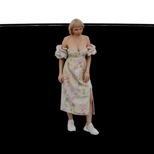 3D model of a woman wearing a floral off-shoulder dress and white sneakers, standing against a black background.