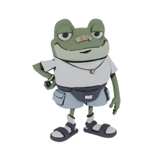 3D model of a cool frog character wearing a white t-shirt, blue shorts, sandals, and a band-aid on its nose.