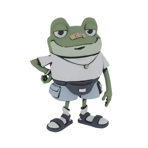 3D model of a cool frog character wearing a white t-shirt, blue shorts, sandals, and a band-aid on its nose.
