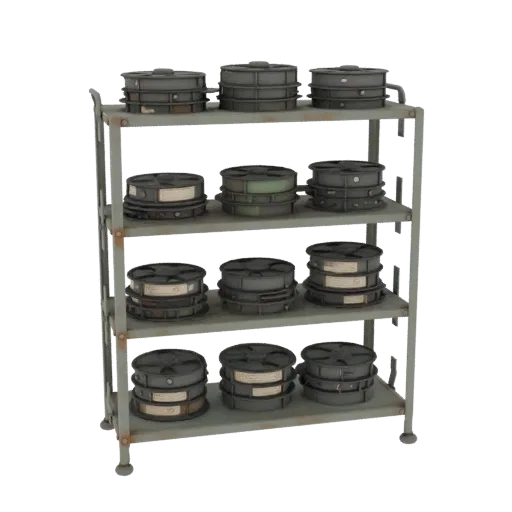 Three-tier industrial metal shelf in USSR style, filled with round metal film cassettes and paper tags.