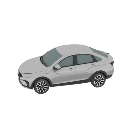 3D model of a silver Lada Vesta Cross sedan, viewed from a three-quarter angle against a black background.
