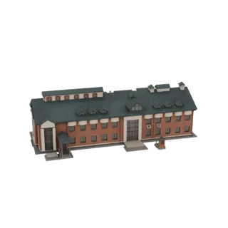 3D model of a modern industrial building with brick facade, large windows, and a green sloped roof, set against a black backg