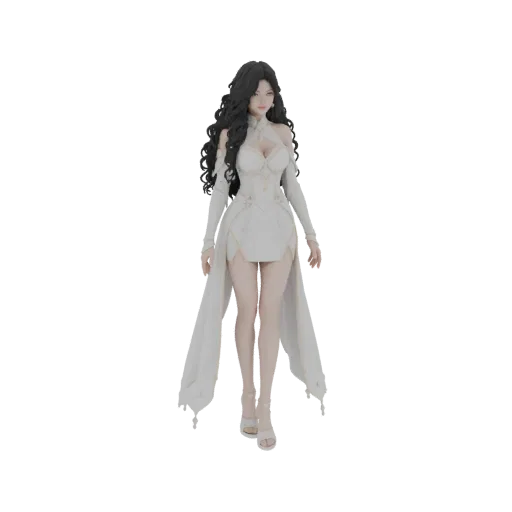 3D model of an elegant woman in a flowing white gown with gold trim, standing gracefully.