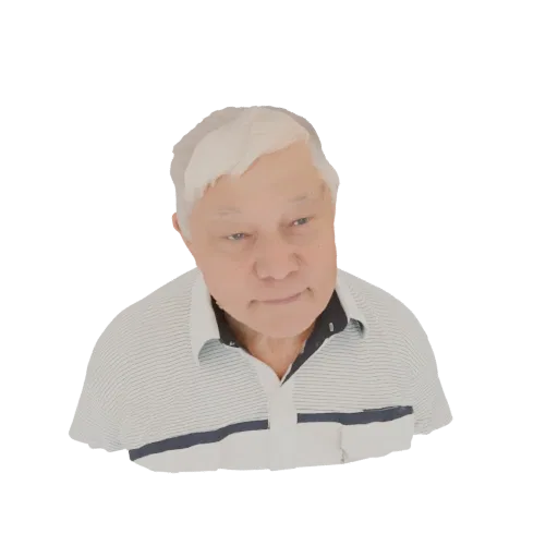 3D model render of an elderly Asian man's bust, looking slightly to the side with a calm expression, wearing a striped polo s