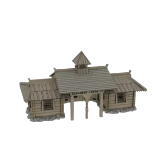 3D model of a rustic wooden gatehouse with log walls, a pitched roof, and an arched entryway with a sign.