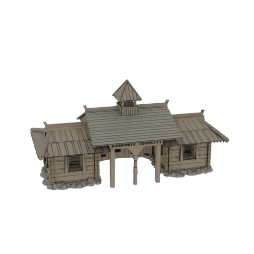 Modelo 3D de una casa de guardia de madera rústica con paredes de troncos, techo a dos aguas y entrada arqueada con un letrer