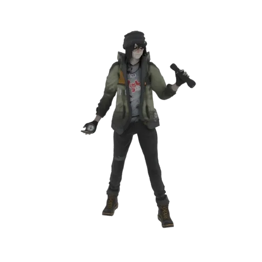 3D model of an urban explorer character wearing a beanie, jacket, and holding a flashlight and compass.