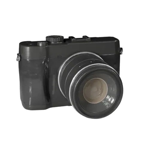 Action Instant Camera 3D model, three-quarter front view, Unity viewport, showing textured grips, lens barrels.