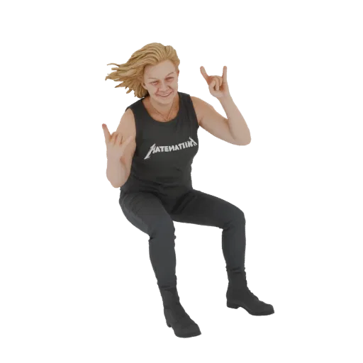 3D model of a blonde woman in a black tank top and jeans, sitting and making the 'rock on' hand gesture with a smile.