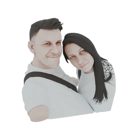 3D model render of a smiling man and woman embracing, with soft lighting and a stylized appearance.